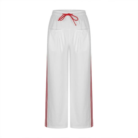 AINIYS Women s Wide Leg Pants Drawstring Side Stripe Pocket Trousers for Casual Street Daily Wear White S