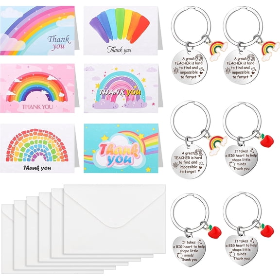 sixwipe 18 Pack Teacher Appreciation Gifts Set, Rainbow Style 4x6 inch Thank You Cards Bulk with Envelopes and Keyrings for Teacher Birthday Gifts, Back To School, Women, Men