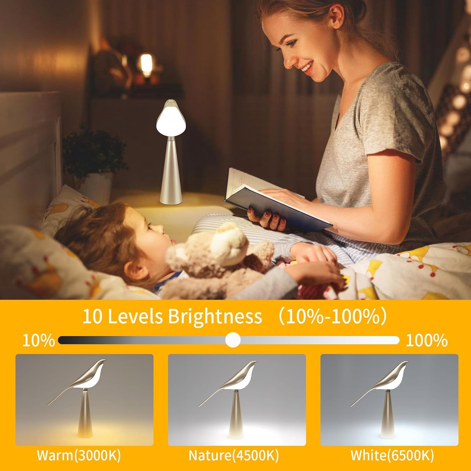Table Lamp for Bedroom, Bird Night Light, 10 Level Dimmable Brightness Bedside Lamps, Desk Lamp for Dorm, Office, Gift, Reading, 3 Colors, Metal Finish, Gold, 360° Rotation