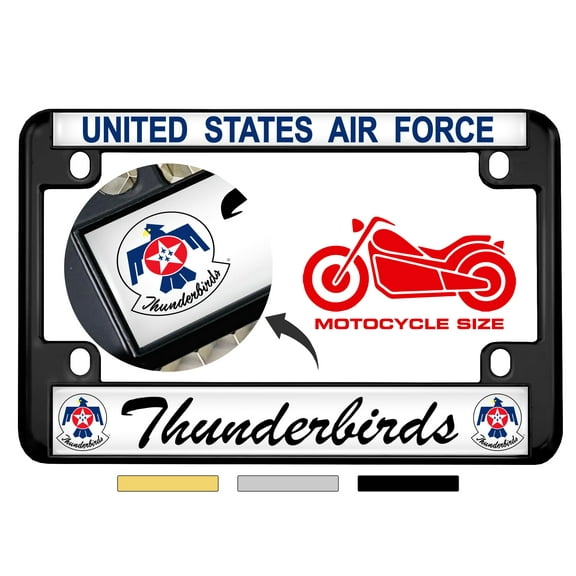 [Officially Licensed U.S. Air Force Product] - Motorcycle Domed Custom-Made Personalized Metal License Plate Frame Frame with USAF Thunderbirds Design - Black