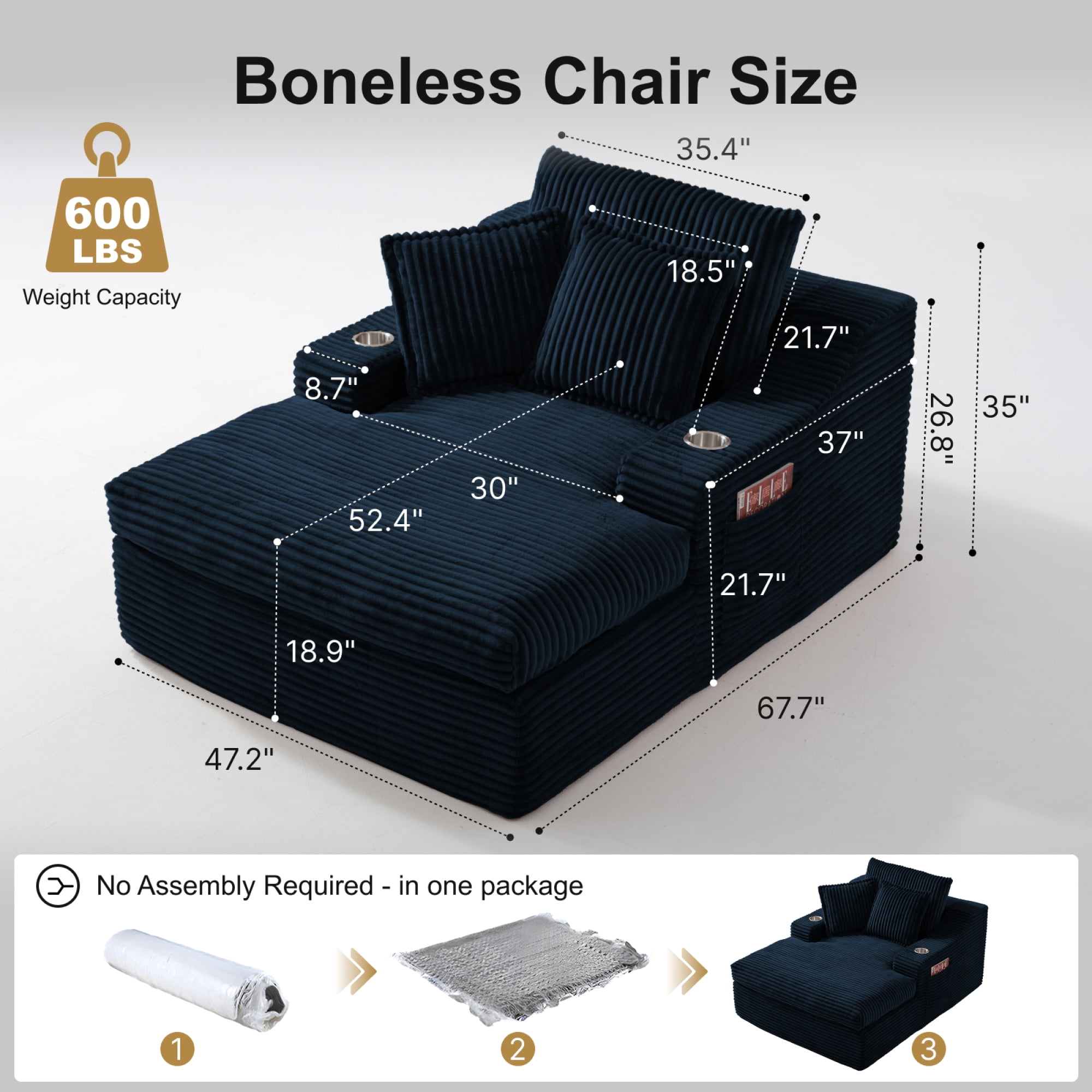 Leumius 67" Oversized Chaise Lounge Chair Indoor, Boneless Chaise Lounge Chair with Cup Holders & 3 Pillows, Cloud Corduroy Chaise Sofa Bed Sleeper Couches for Living Room No Assembly Require,Blue