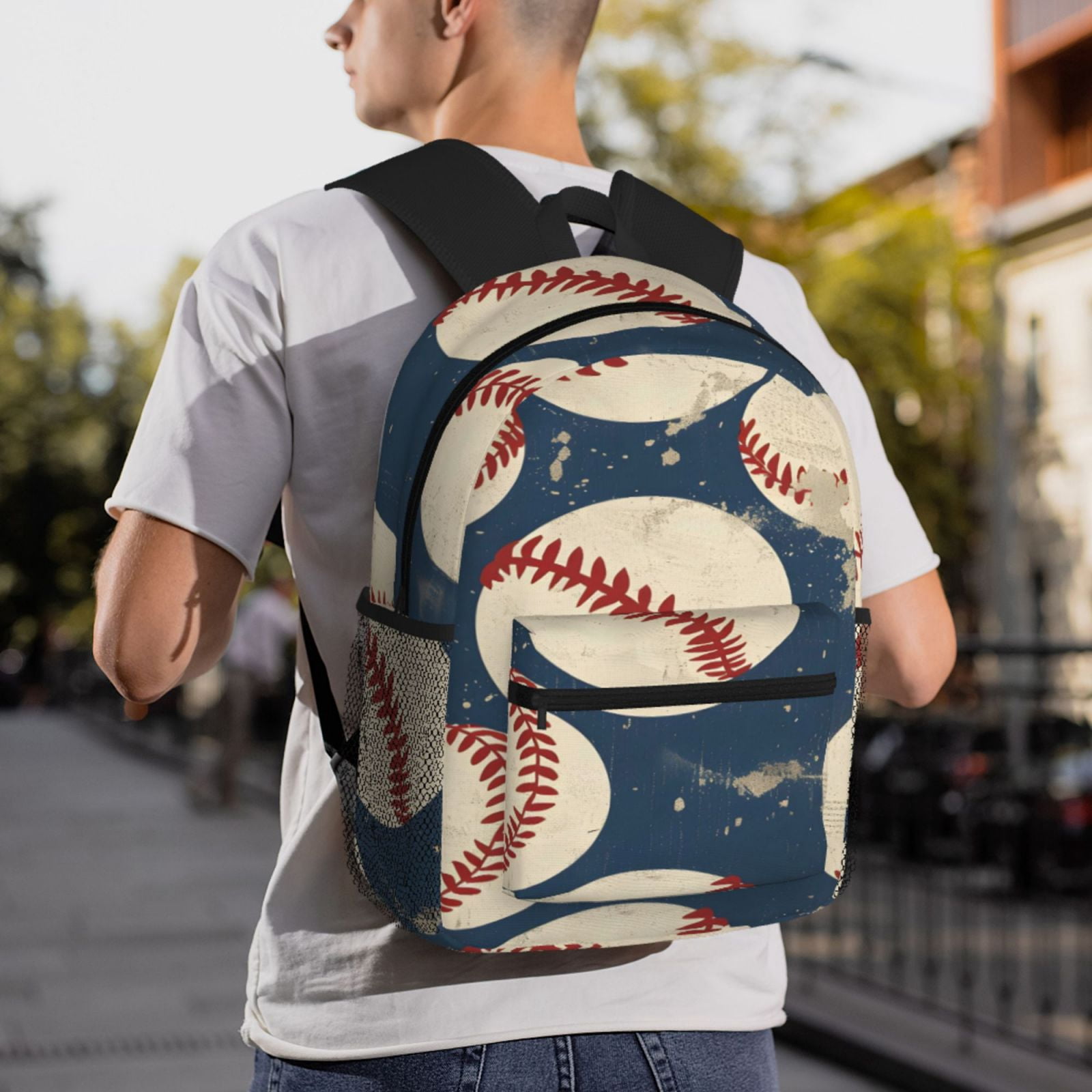 Casual Backpack Water Resistant Lightweight Daypack For Work Travel Hiking Camping Laptop Compartment & Side Mesh Pockets Vintage Baseball Theme