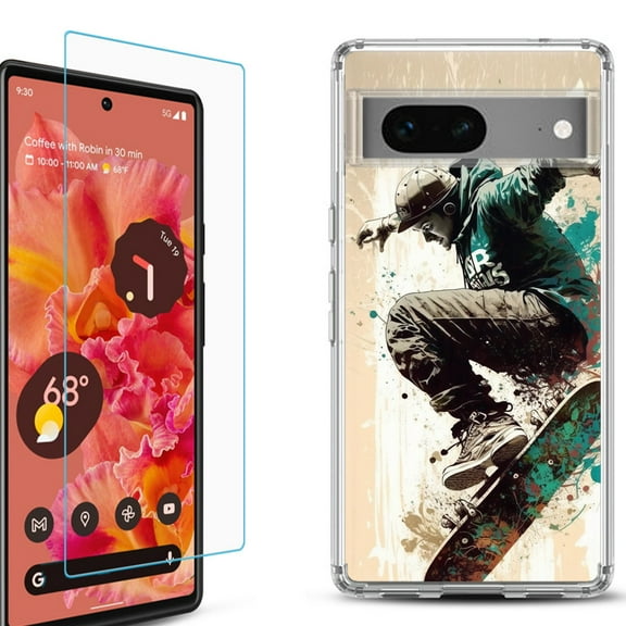 OneToughShield ® for Google Pixel 7a Shockproof Bumper Phone Case, with Tempered Glass Screen Protector - Skateboarding
