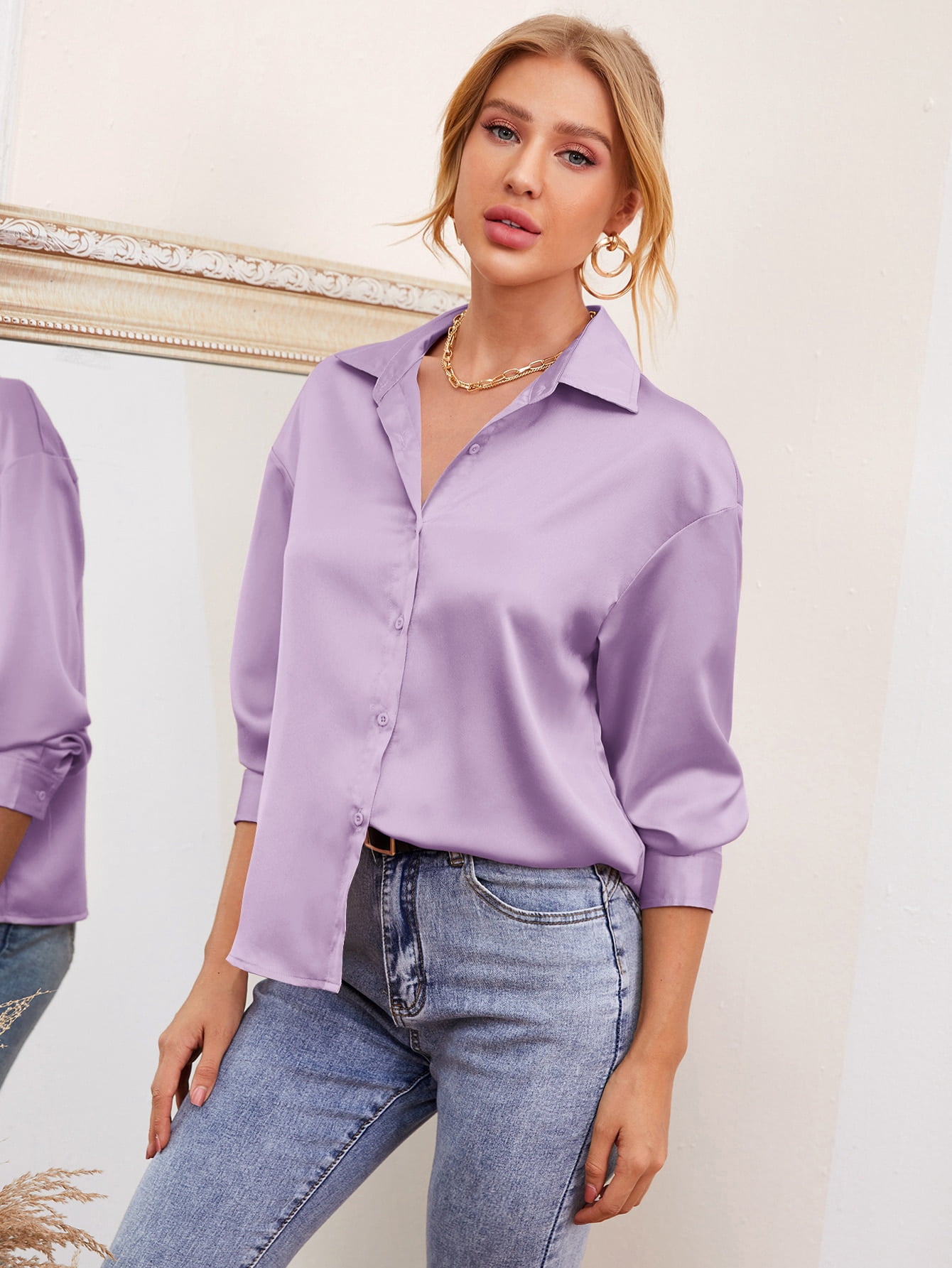 Drop Shoulder Solid Satin Blouse 2022 