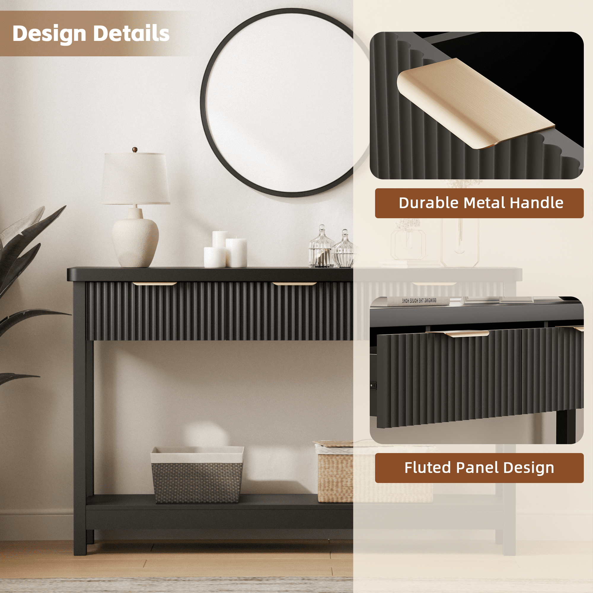Laintene Console Table for Entryway, 51" Fluted Sofa Table with 3 Drawers and Open Shelf, Modern Narrow Display Shelf for Hallway Living Room, Black Set of 2