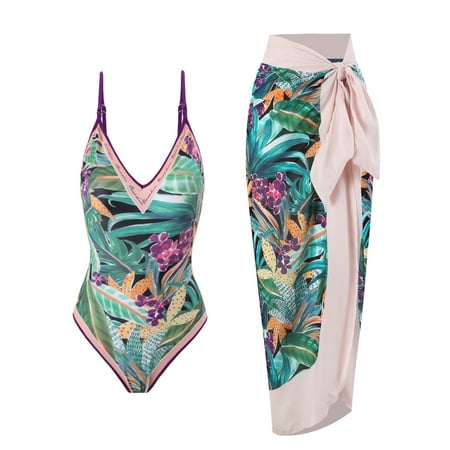 Trendy V-neck Sexy Bodysuit Double-sided Swimsuit with Vintage French Print
