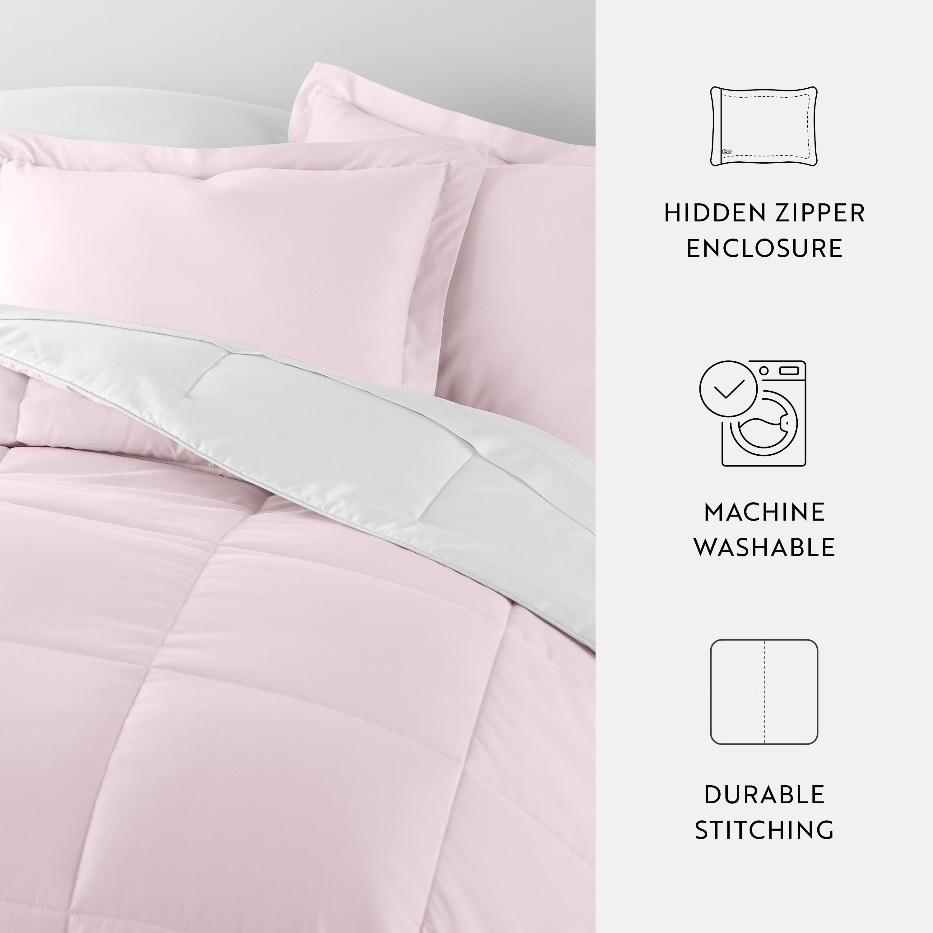 Noble Linens Soft 3-Piece Blush & White Reversible All Season Lightweight Down Alternative Comforter Set, Full/Queen