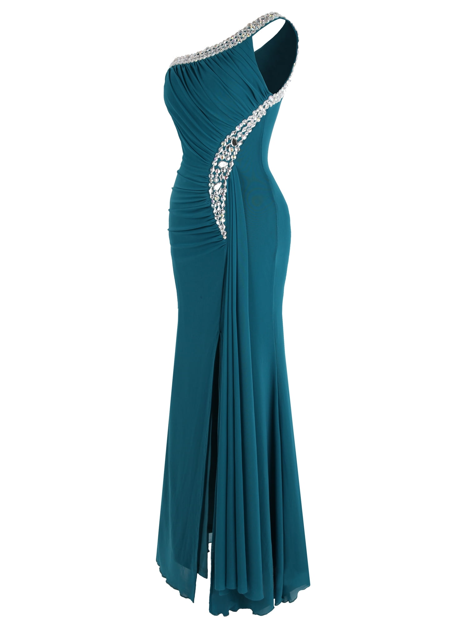 Angel-fashions Women's One Shoulder Ruching Beading Ribbon Soft Evening Gown