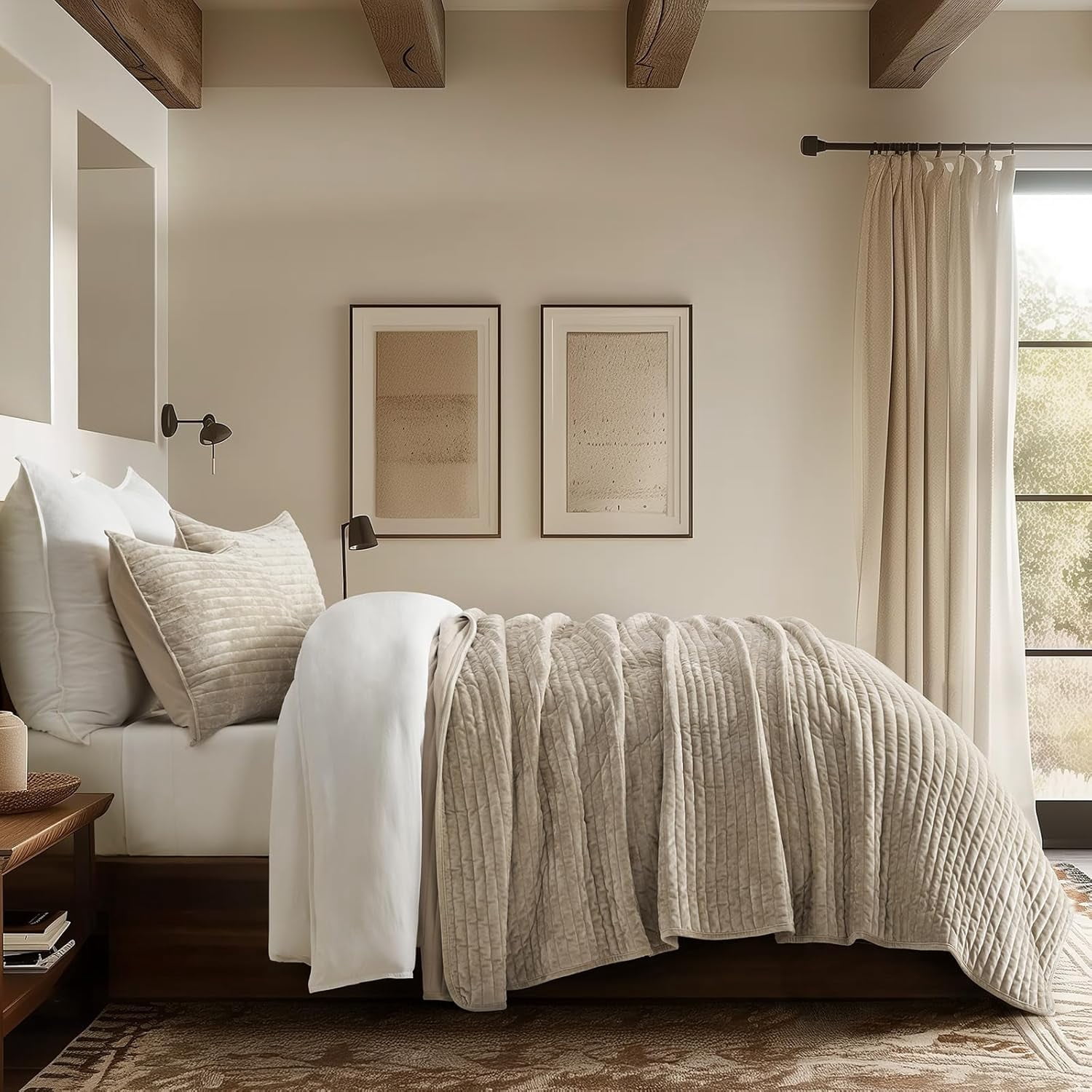EVERGRACE Velvet Quilt Set California King 118'' x 106'', Luxurious Soft Striped Channel Bedding Set, Lightweight Velvet Comforter, Oversized Bedspread Coverlet with 2 Shams, Beige Taupe
