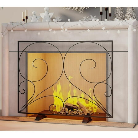 Single Panel Fireplace Screen Handcrafted Solid Wrought Iron Mesh, Heat-Resistant Fire Spark Guard for Fireplace-Black
