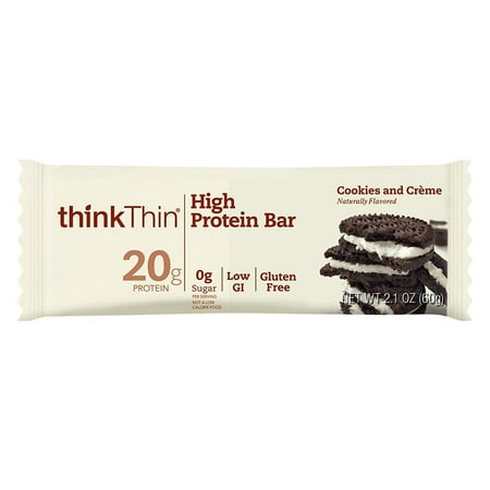 thinkThin High Protein Bars - Cookies & CrÃ¨me, 20g Protein, 0g Sugar, No Artificial Sweeteners, Gluten Free, GMO Free*, Best Nutritional Snack/Meal bar, 2.1 oz bar (10Count) Cookies and (Best Protein Bars Supermarket)