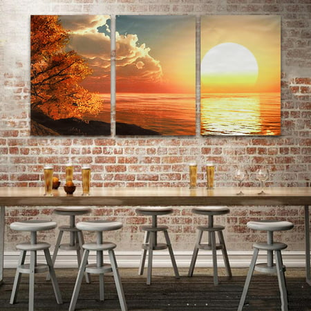 Sunrise Red Sun Modern 3 Piece Landscape Canvas Prints Artwork Ocean Sea Pictures Paintings on Canvas Wall Art for Living Room Bedroom Home