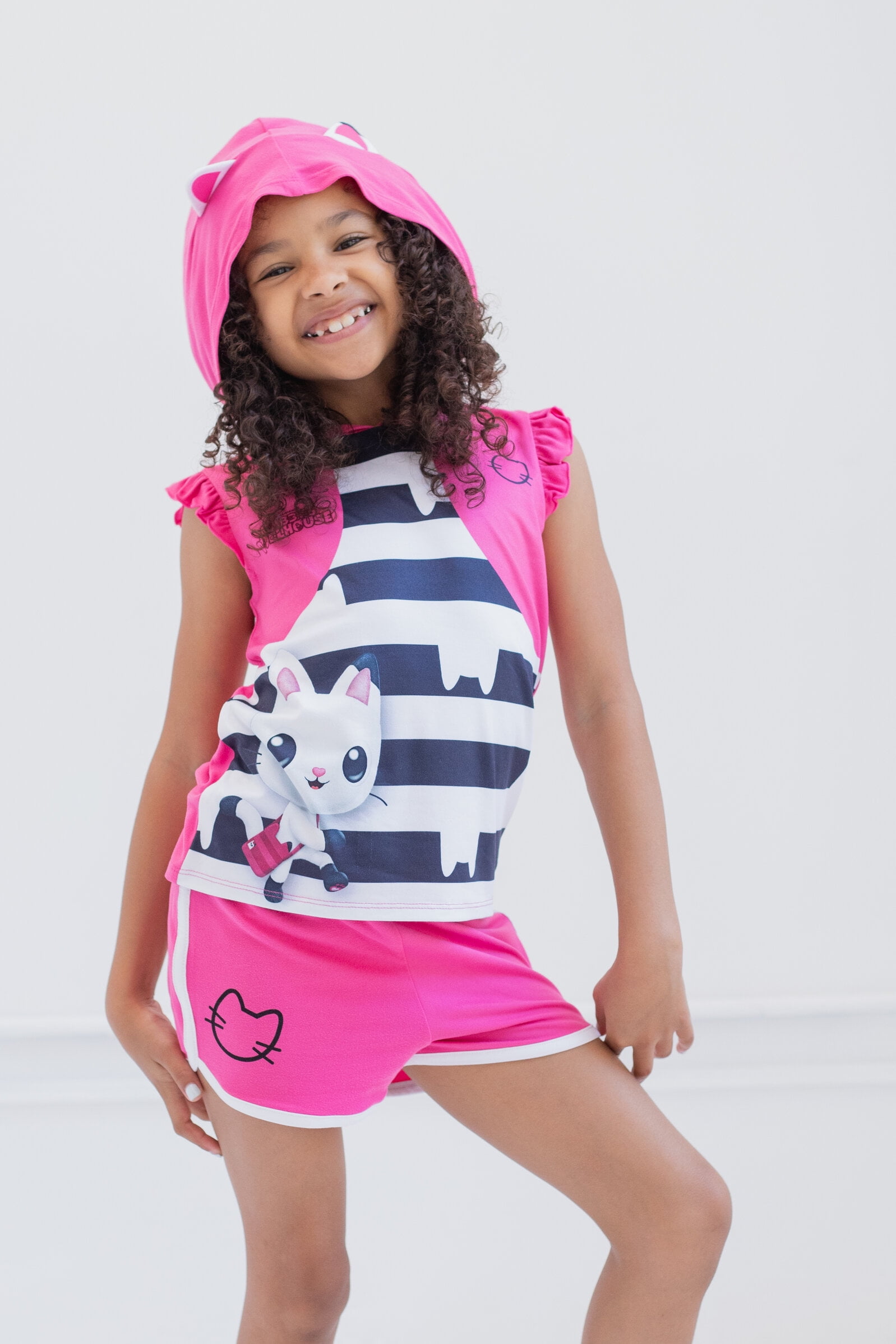 Dreamworks Gabby's Dollhouse Pandy Paws Hooded Tank Top and Dolphin Shorts Outfit Set Toddler to Big Kid