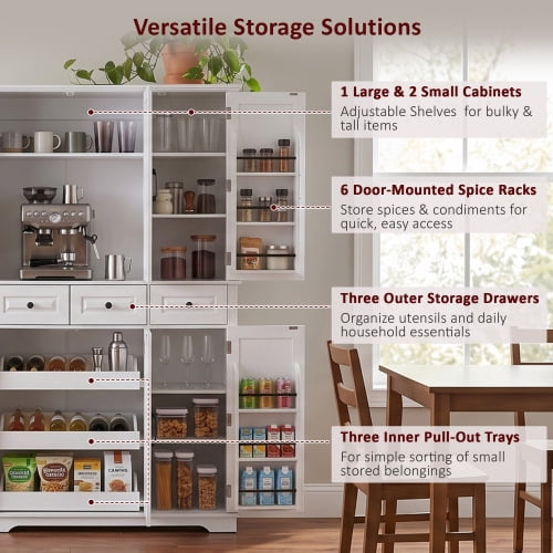 72" Tall Farmhouse Kitchen Pantry Cabinet with 3 Pull-Out Trays & 6 Door Racks, White