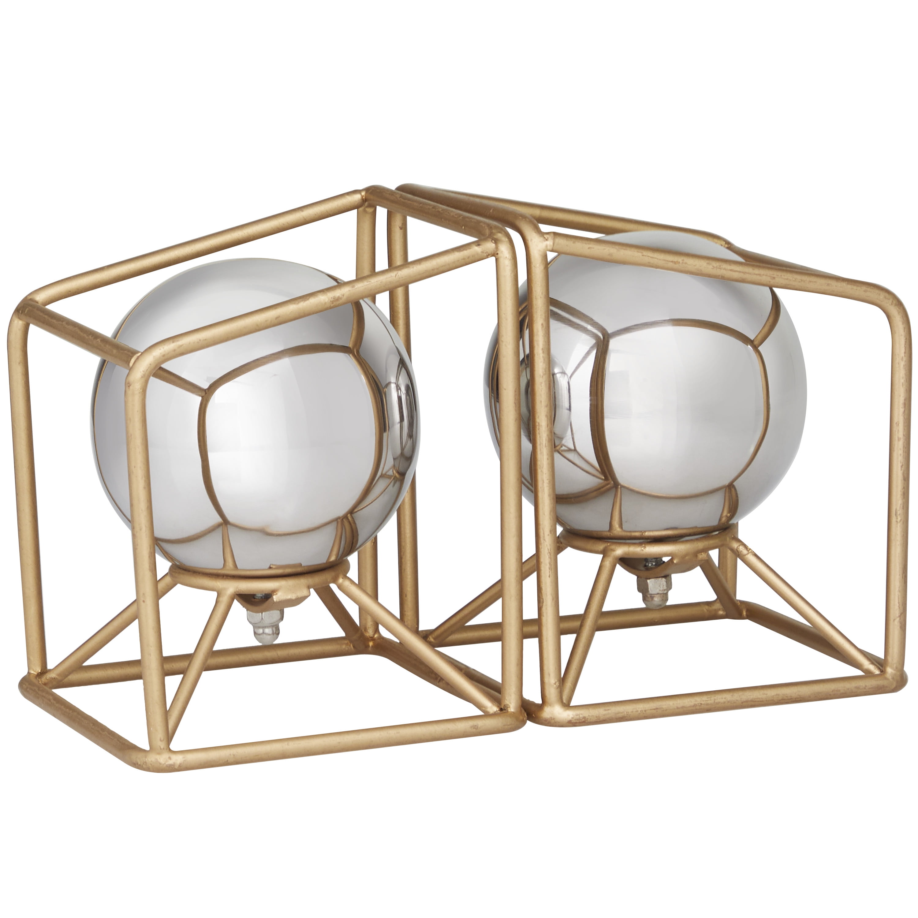 DecMode Contemporary Gold Stainless Steel Open Cube with Silver Balls Globe Bookends, Set of 2 5"W x 6"H