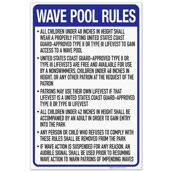 California Wave Pool Rules Sign, Complies With State Of California Pool Safety Code, 24x36 Corrugated Plastic