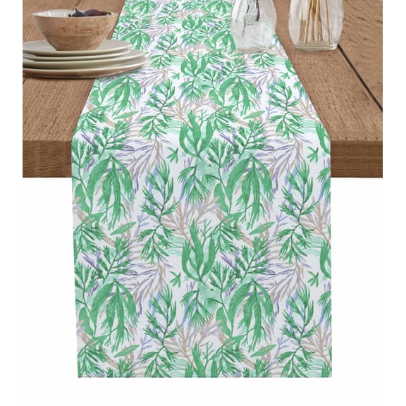 ERUNPONLY Green Seagrass Table Runner - 90 Inch Long Ocean Coral Coastal Leaf Watercolor Cotton and Linen Blended Dress Scarves Farmhouse Table Runner for Kitchen Dining, Coffee Table, 13"x90"