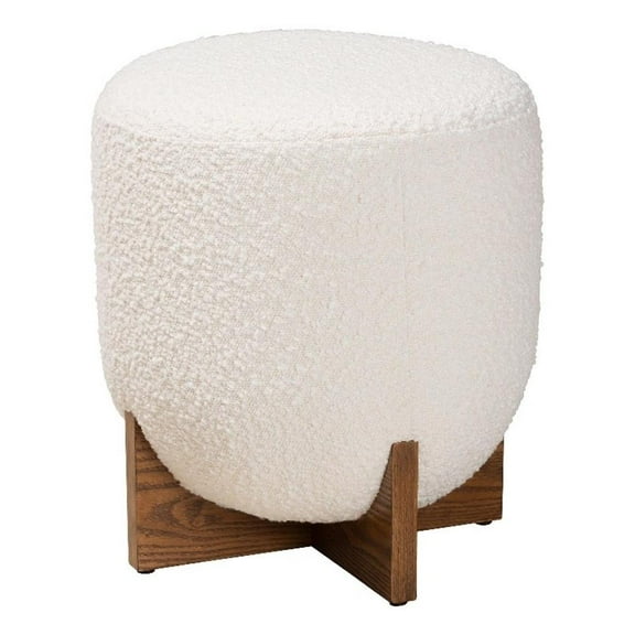 Bowery Hill Cream Boucle Fabric and Walnut Brown Wood Ottoman Footstool