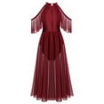thumbnail image 3 of IBTOM CASTLE Women Lyrical Dance Dress Shiny Criss Cross Spaghetti Strap Full Circle Mesh Tulle Long Dress with Brooch Pin L Wine Red, 3 of 8