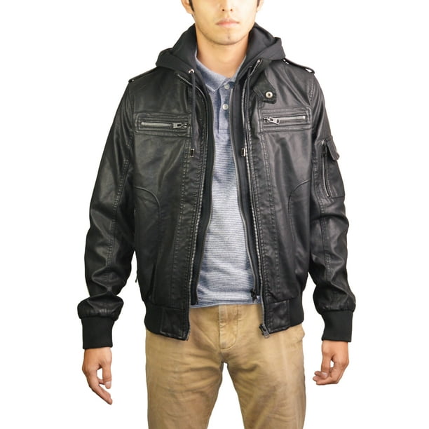 Men's Faux Leather Fitted Hooded Motorcycle Bomber Jacket Removable  Inner,Blk ,S 