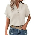 thumbnail image 4 of Pxiakgy Women's Dressy Casual Tops Business Work Blouses Button Down Shirts Roll Up Short Sleeve V Neck Tshirt Loose Fit Blouses Linen Shirts for Women Summer 2025 Solid Color Wrinkle Cloth Beige S, 4 of 9