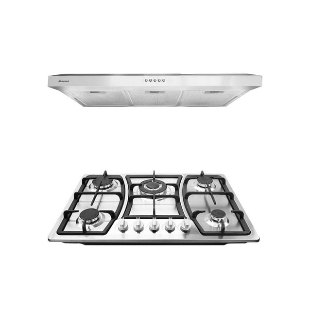 Combo Maxims Parrilla de Gas Maxims JZBS5A7 + Campana HF8101A-SA, Acero Inoxidable, 5 Quemadores y Doble Turbina