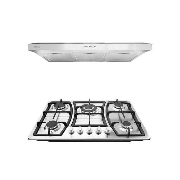 Combo Maxims Parrilla de Gas Maxims JZBS5A7 + Campana HF8101A-SA, Acero Inoxidable, 5 Quemadores y Doble Turbina