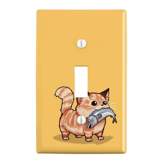 Kawaii Cute Cat with Fish in Mouth Plastic Wall Decor Toggle Light Switch Plate Cover