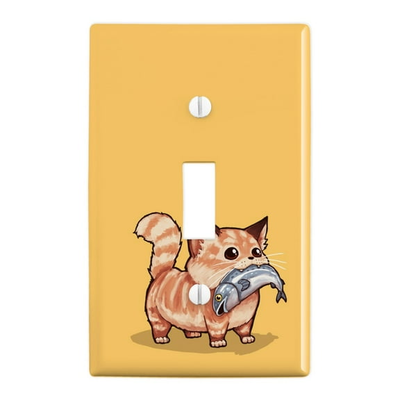 Kawaii Cute Cat with Fish in Mouth Plastic Wall Decor Toggle Light Switch Plate Cover