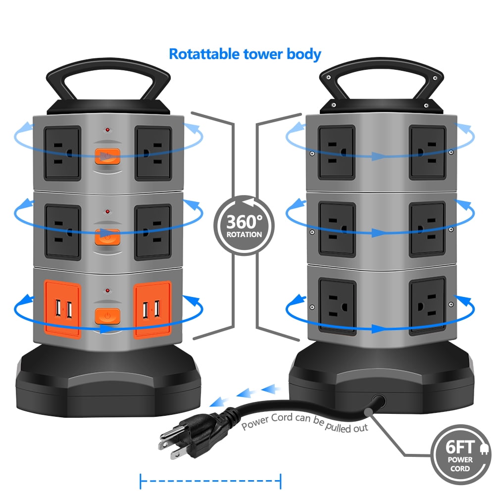 Surge Protector Power Strip, Costech Safety Universal Electric Charging Station; with 10 Outlets 4 USB/Rotating Tower/ 6 feet Cord Wire Extension Power Strip Tower (10 Outlets 4 USB)