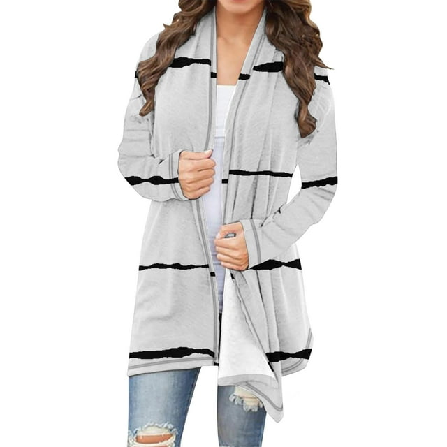 hotojiny Cardigans Grande Taille pour Femmes Léger Rayé Ouvert Manteau d'Automne Tendance Manches Longues Cardigan Fluide