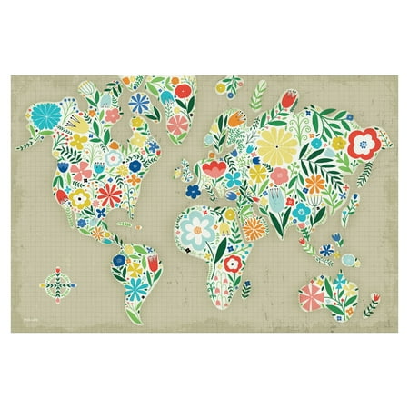 Beautiful Flower Filled World Map on Tan by Michael Mullan; Floral Decor; One 18x12in Unframed Paper