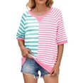 thumbnail image 1 of Hauts à Manches Courtes à Col Rond Rayé pour Femmes - Bloc de Couleur, Style Décontracté, 1 of 6