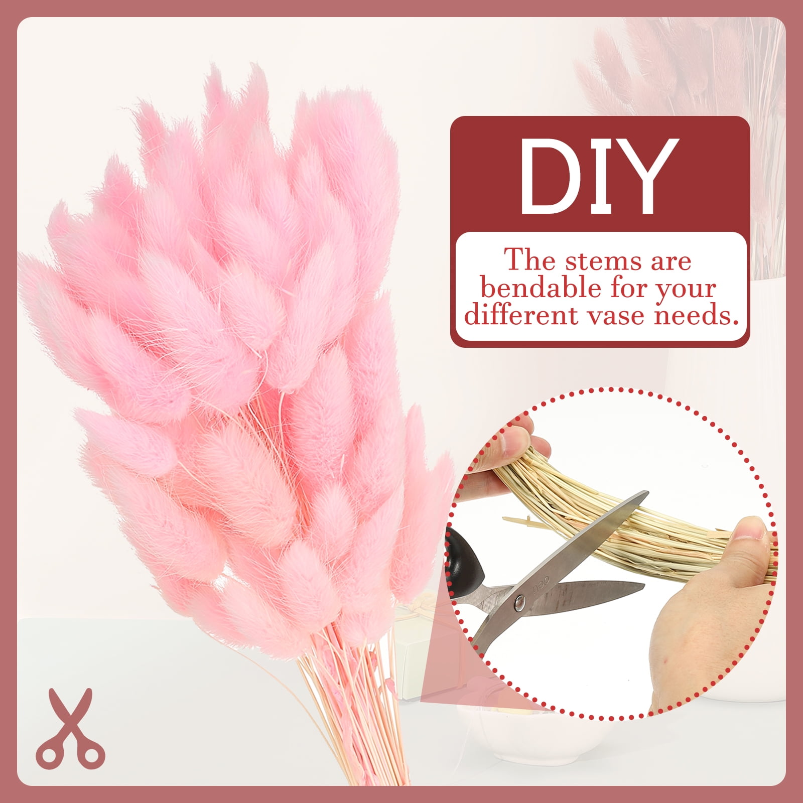 Uxcell 15.7in Bunny Tails Dried Flowers, 150pcs Pampas Grass Decor Rabbit Tail Natural Pampas Grass Bulk Fluffy Faux Pampas Grass Small Dried, Pink