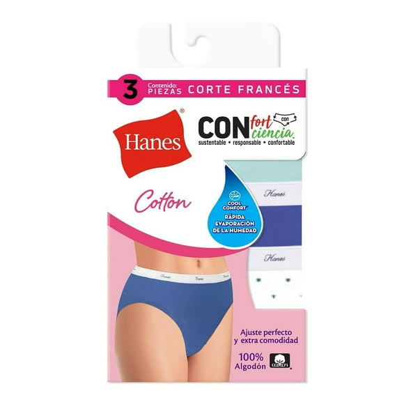 Pantaleta Hanes Cool Comfort para Mujer, Cotton Corte Francés Multicolor 3 Piezas Talla G