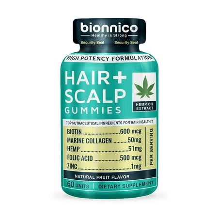 60 Hair Loss Gummies with Hemp-Biotin-Collagen-Zinc-Folic Acid // Hair Loss and Scalp Stimulating Formula  Scientifically formulated for Hair Regrowth, Hair Thickening and Scalp Skin