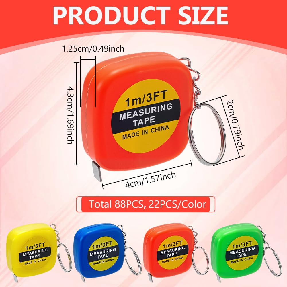 88Pcs Small Tape Measure Keychains 3 ft/ 1 m Mini Tape Measures Retractable with Steel Rings Pocket Measurement Bulk