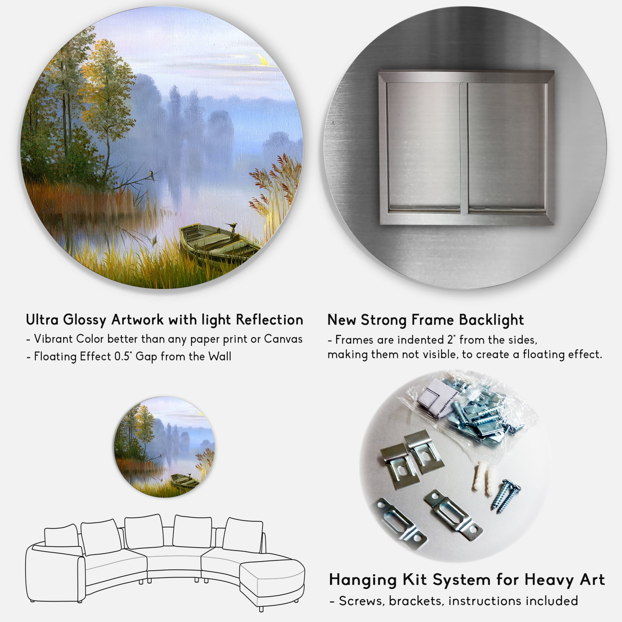 Designart 'The Bank Of The Lake With The Boat' Traditional Circle Metal Wall Art 23x23 - Disc of 23