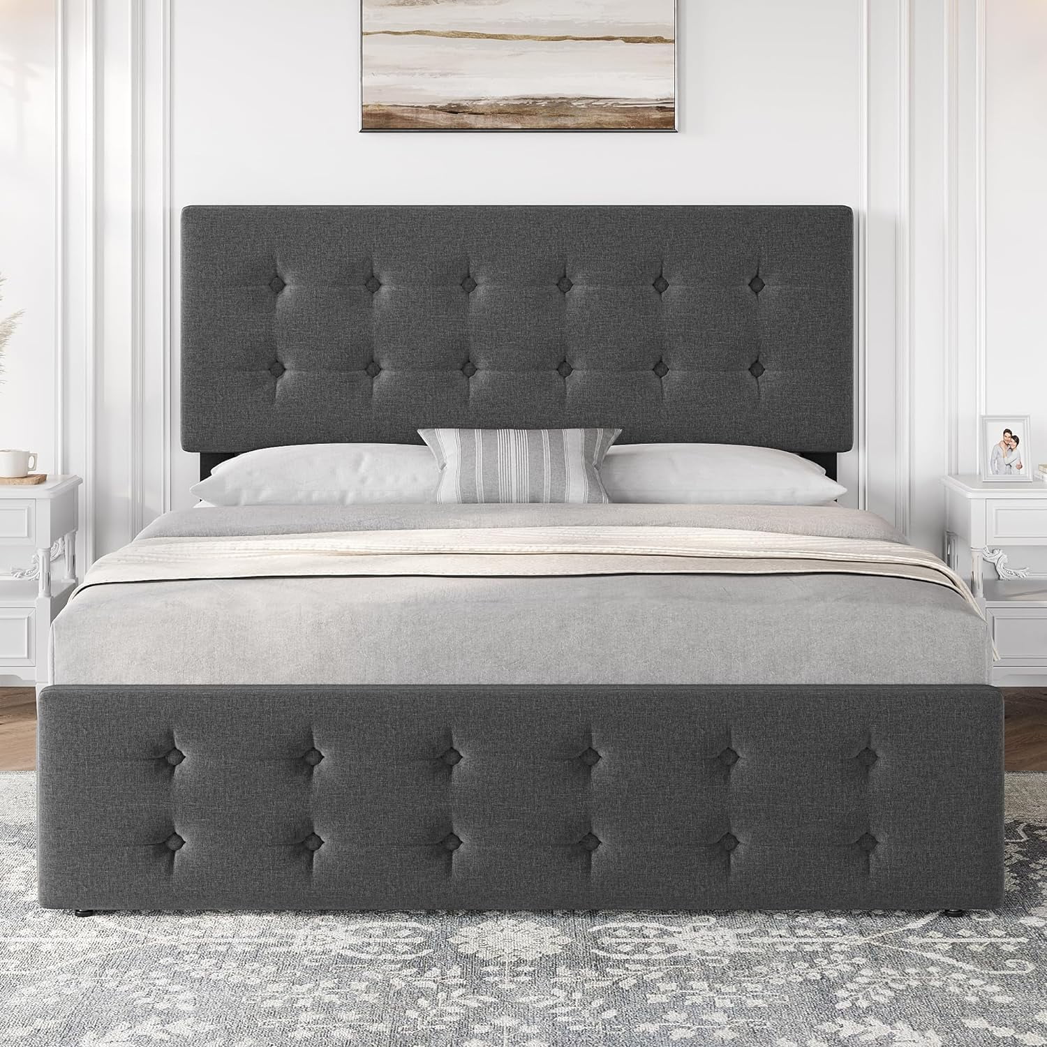 Memoryfield Full Size Bed Frame with 4 Storage Drawers and Headboard, Linen Upholstered Platform Bed Frame with Wooden Slats Support, No Box Spring Needed, Dark Gray