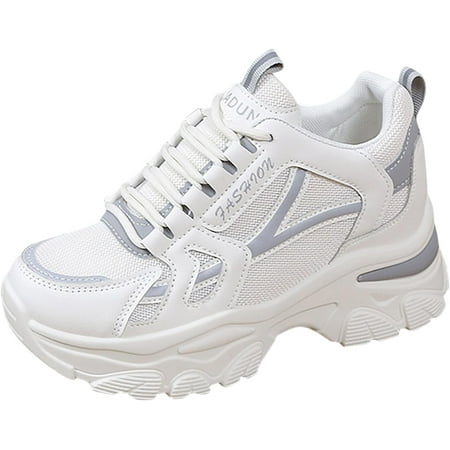 Womens Fashion Platform Sneakers Breathable White Leather Mesh Teenage Girls Comfort Casual Sport Walking Shoes Arch support