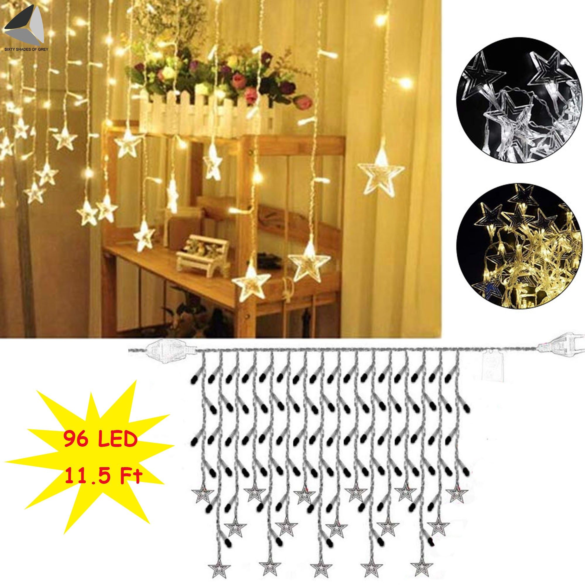 Sixtyshades 96 LEDs Star Curtain Strings Lights Indoor/Outdoor