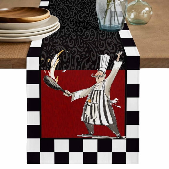 Table Runner 72 Inches Long for Kitchen Dining, Red Black Chef Dresser Scarf Farmhouse, Dining Table Decorations for Wedding/Parties, Cartoon Cute Watercolor Cooking Checkered 13 x 72 In