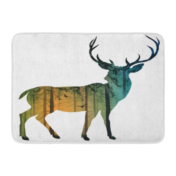 SIDONKU Silhouette of Deer Inside The Pine Forest Flying Birds and Rays Setting Sun Doormat Floor Rug Bath Mat 23.6x15.7 inch