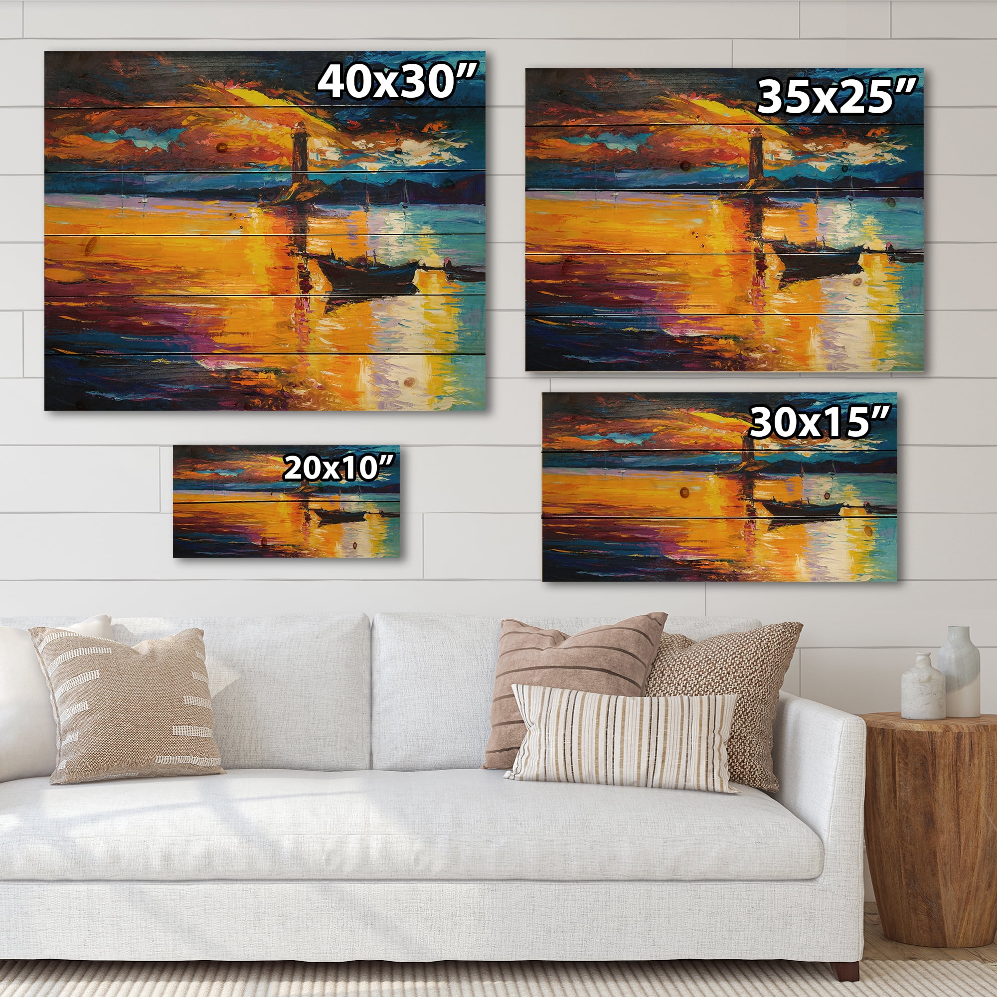 Designart 'Little Boat By Lighthouse During Evening Glow' Nautical & Coastal Print on Natural Pine Wood