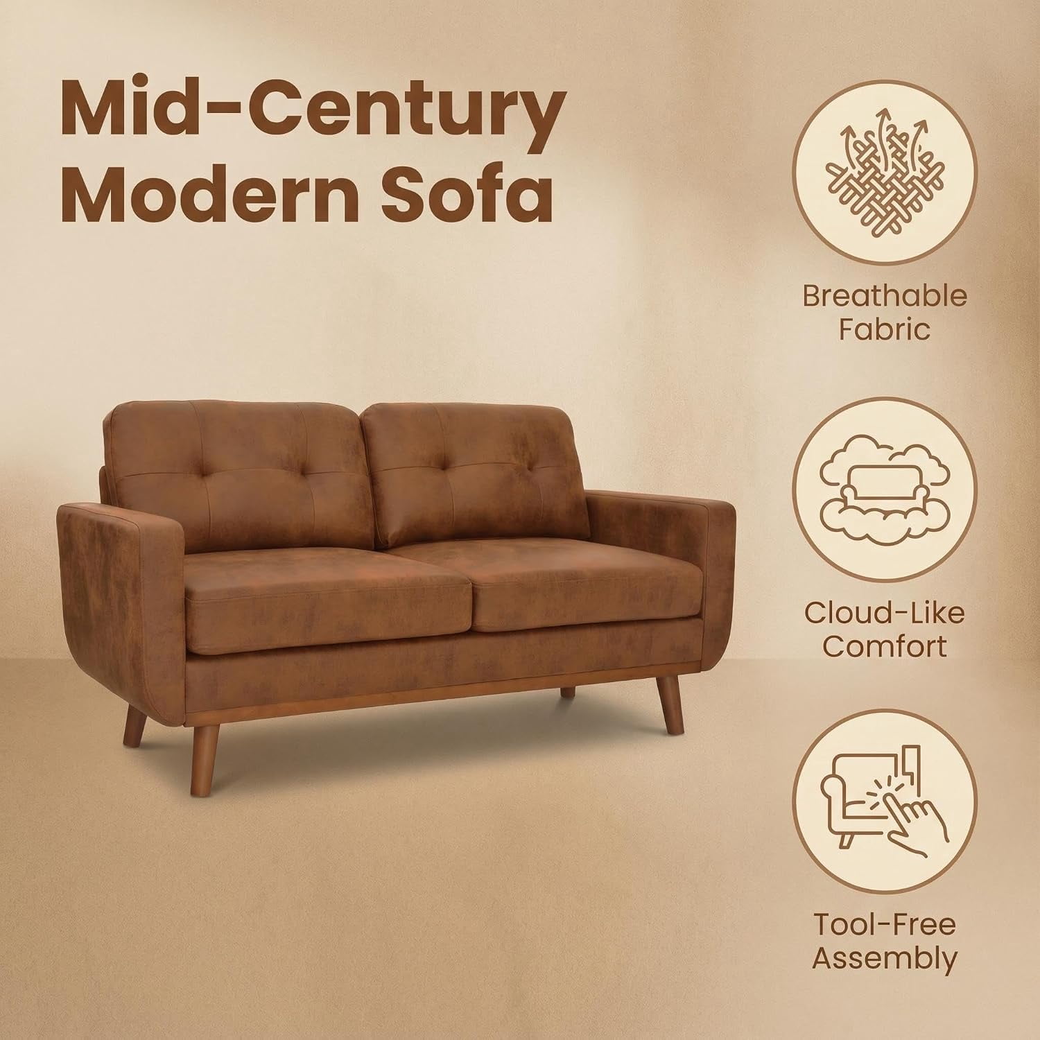 MOONMISS 65" Loveseat Couch, Modern Small Sofa With Walnut Wood Legs 2-seater Fabric Upholstered Mini Sofa Couches For Small Space,living Room Bedroom Office Dorm Apartment,Brown