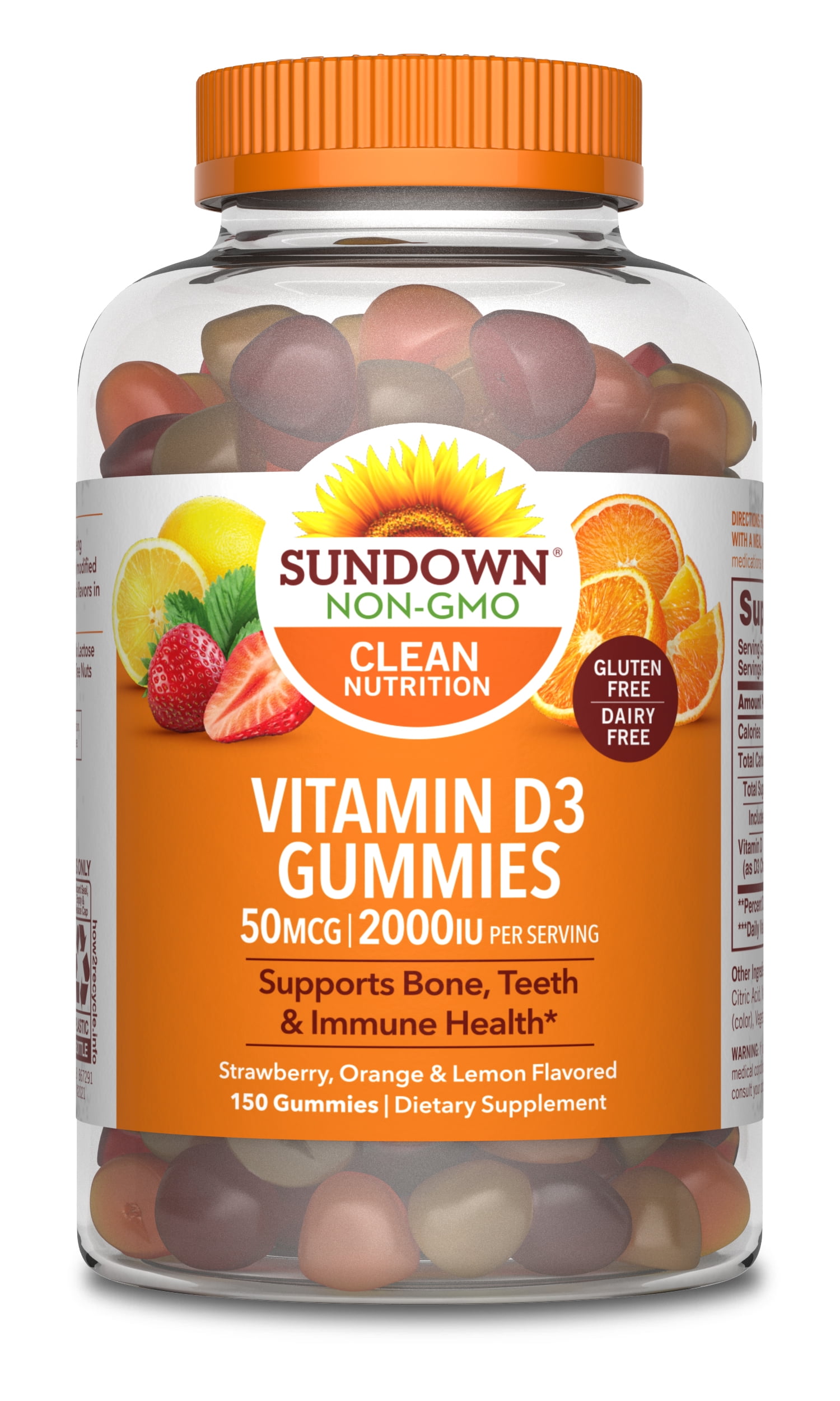 Sundown Vitamin D3, Dietary Supplement, Supports Bone Teeth Immune Health, 50 mcg, Strawberry Lemon Orange Flavored Gummies, 150 Ct
