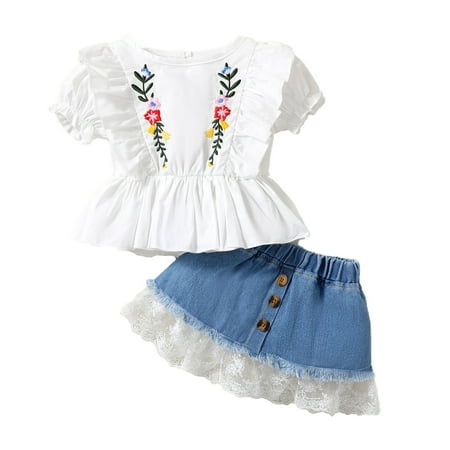 

Kucnuzki Newborn Baby Girl Clothes 6 Months Summer Skirt Sets 9 Months Short Sleeve Lotus Leaf Layer Embroidered Peplum Top Elastic Denim Lacer Skirt 2PC Sets White