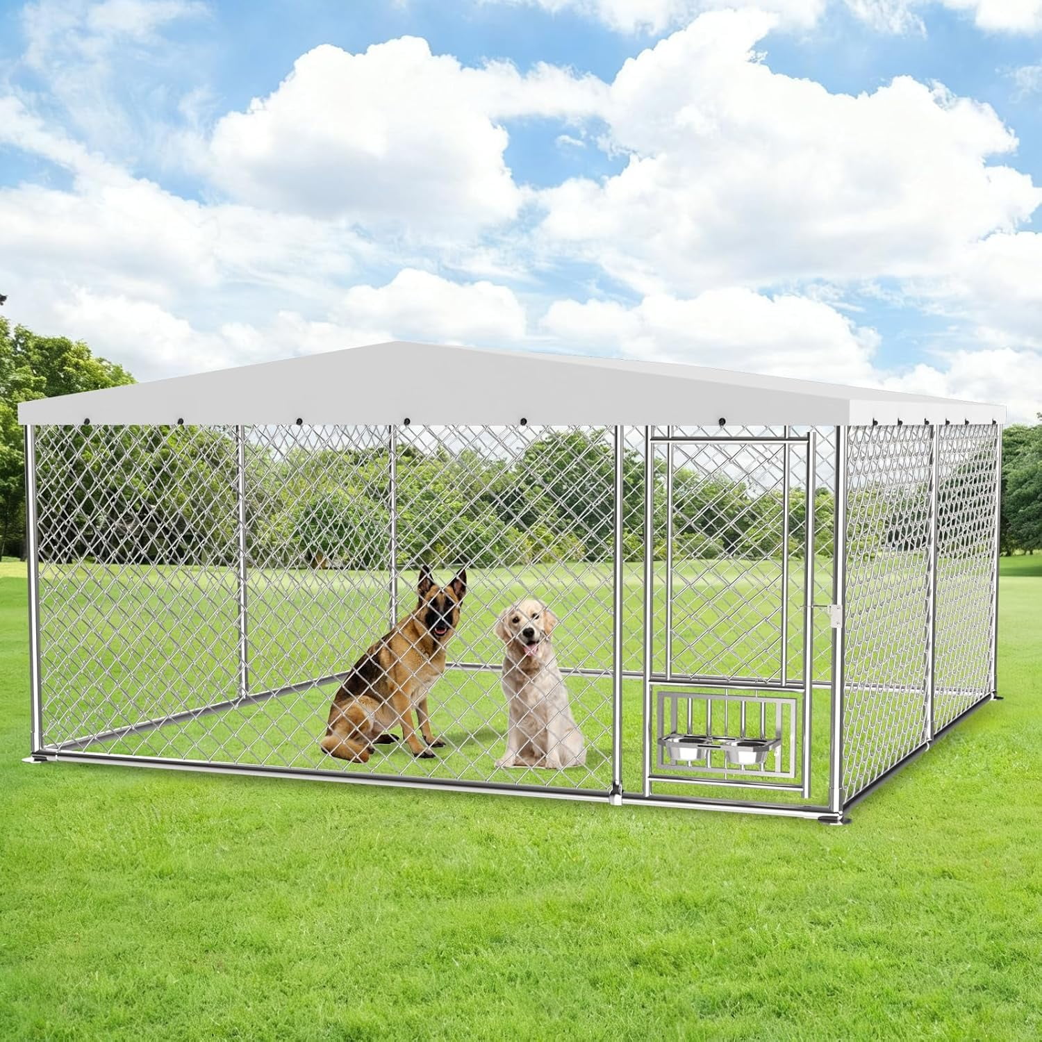 Outdoor Dog Kennel with Bowls 10x10 FT, Heavy Duty Large Outside Dog Enclosure with UV-Resistant Waterproof Sun-Proof Cover, Double Security Locks for Backyard Farm Ranch
