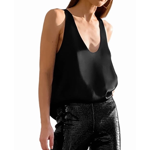 Womens Summer U Neck Satin Sleeveless Casual Tank Tops Black S