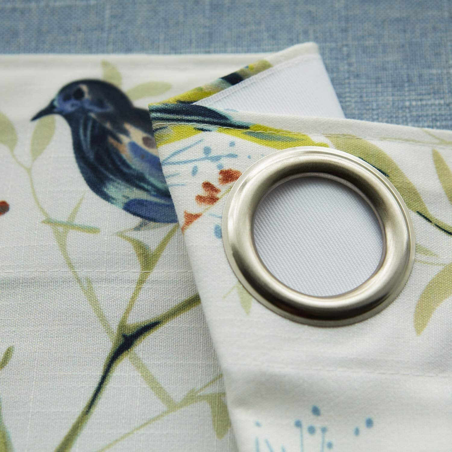VOGOL Linen Grommet Blackout Curtains, Birds and Flower Print Window Panels for Bedroom Living Room, One Panel, W52xL63, Blue